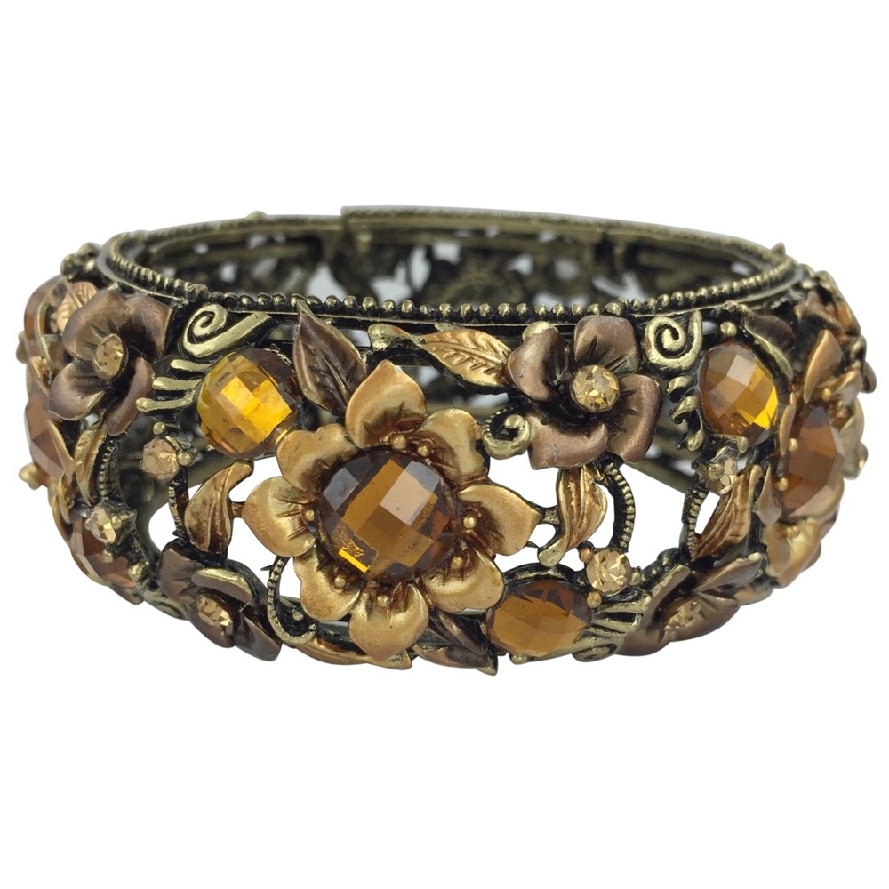 Brown Flowers Gem & Rhinestone Fancy Statement Cuff Bangle Bracelet